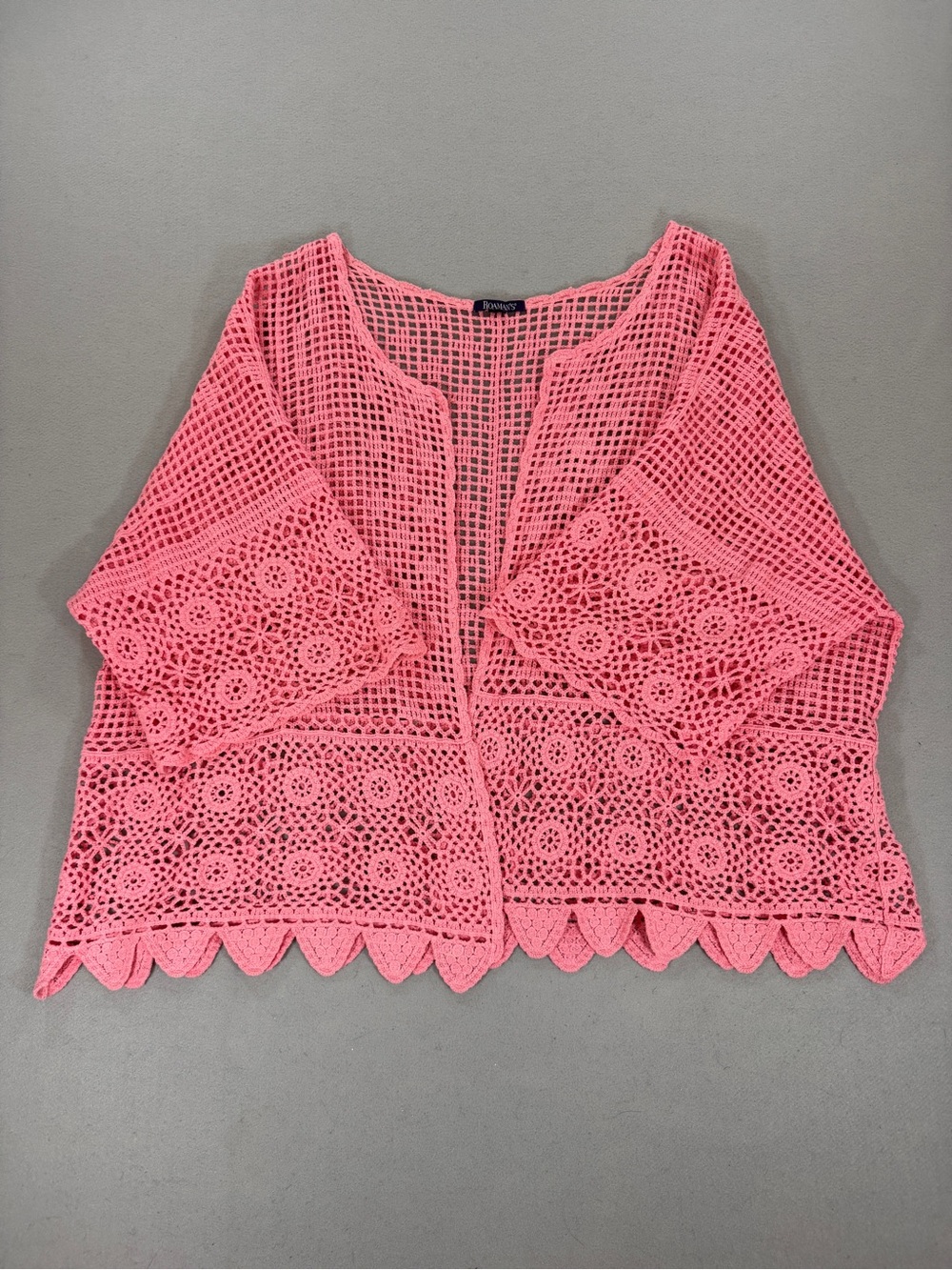 Roaman’s Pink Crochet Open Front Cardigan Plus Size 3X Scalloped Hem Cotton